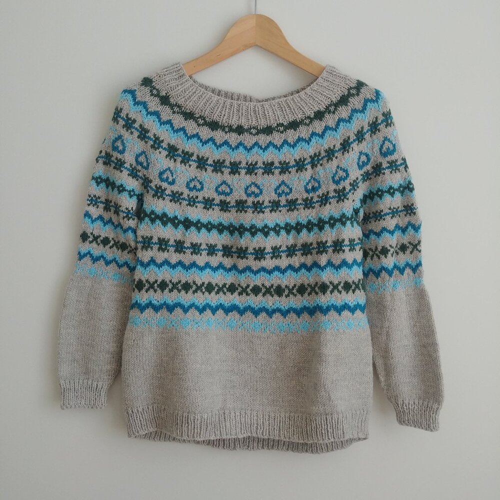 Hand knit fair isle sweater grey blue green cotton feel approx Extra Small